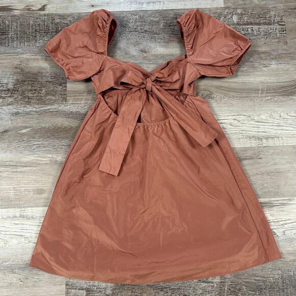 Wilfred Aritzia Puff Sleeve Dress Rust Cutout Tie Front Mini XS - Picture 3 of 8